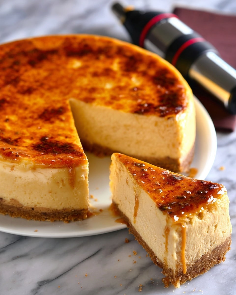 A cheesecake with two layers is shown. The top layer is creamy light beige with a caramelized golden-brown shiny surface that has some darker spots. The bottom layer is a thin, crumbly brown crust. A single thick slice is lifted away from the round cheesecake, showing the smooth texture inside. The cheesecake is on a white plate placed on a white marbled surface. A silver torch with black and red parts is to the side, used for browning the top. Photo taken with an iphone --ar 4:5 --v 7