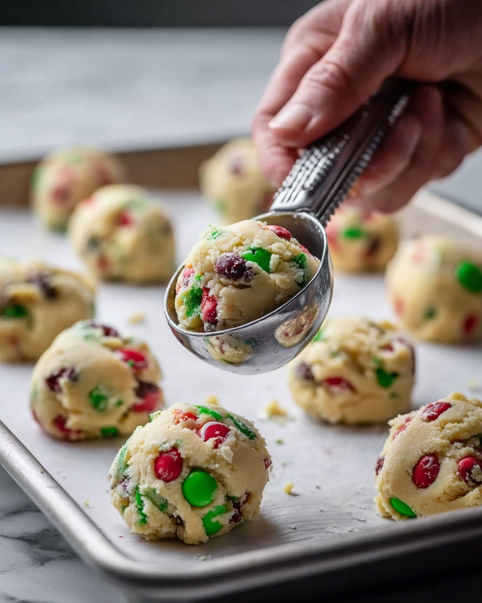 The image shows round cookie dough balls on a white baking tray, each ball made of a pale yellow dough mixed with red, green, and brown candy pieces scattered throughout. A woman's hand is holding a silver scoop filled with one of the cookie dough balls above the tray. The dough looks soft with colorful shiny candy spots on the surface. The background has a white marbled texture, creating a clean and simple setting for the cookie dough photo taken with an iphone --ar 4:5 --v 7
