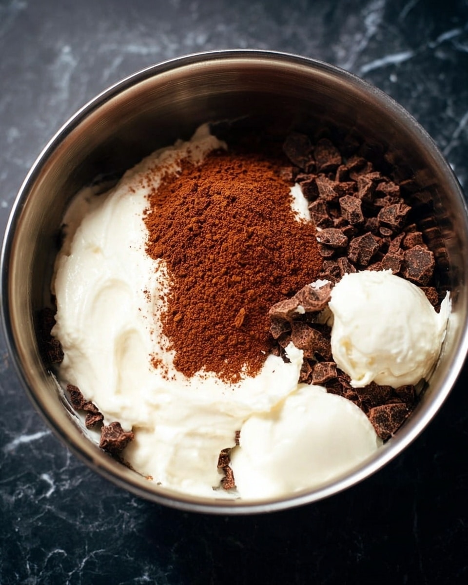 A close-up image showing the inside of a silver metal bowl filled with four different ingredients layered together. The bottom layer is made up of small dark brown pieces, looking rough and uneven. On top of this is a thick, creamy white layer that spreads over much of the surface. To one side, there are two soft dollops of white solid fat sitting on the creamy layer. Next to the fat is a small pile of fine, reddish-brown powder. The bowl sits on a dark surface, but imagine it on a white marbled texture. photo taken with an iphone --ar 4:5 --v 7