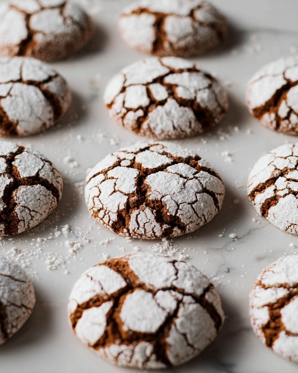 The image shows several round cookies with a cracked pattern on top, placed directly on a white marbled surface. Each cookie has a deep brown base color with a rough texture and is covered with a white powdered sugar layer that fills the cracks and contrasts with the dark brown underneath. The cookies are spaced evenly, creating a uniform look, and some powdered sugar is scattered around them on the surface. The lighting highlights the texture and cracks, making them appear soft but slightly firm. photo taken with an iphone --ar 4:5 --v 7
