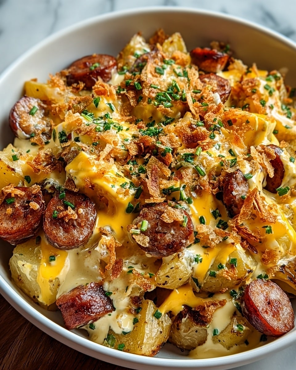 A white bowl filled with a layered dish starting with chunky, roasted potato pieces at the bottom that look tender and slightly browned with herbs. On top, there are browned slices of sausage scattered evenly. Melted yellow cheddar cheese and white cheese sauces are drizzled over the sausage and potatoes in a thick, creamy layer. The whole dish is sprinkled with finely chopped green herbs and crispy brown crumbs for texture. The background is a white marbled surface. Photo taken with an iphone --ar 4:5 --v 7
