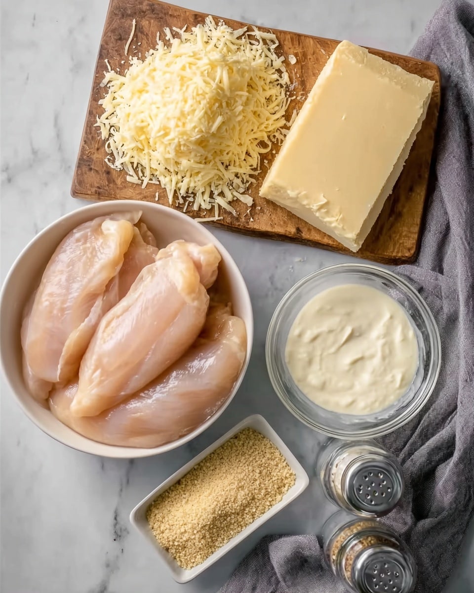 The image shows three raw chicken fillets in a white bowl at the bottom left. Above it, there is a wooden board holding a large block of pale yellow shredded cheese with a pile of grated cheese next to it. To the right of the chicken bowl, there is a small clear glass bowl filled with thick white creamy sauce. Below that, there is a small rectangular dish with light brown breadcrumbs, and two clear glass salt and pepper shakers are next to it. A grey cloth is placed on the right edge of the image. All items rest on a white marbled surface. Photo taken with an iphone --ar 4:5 --v 7