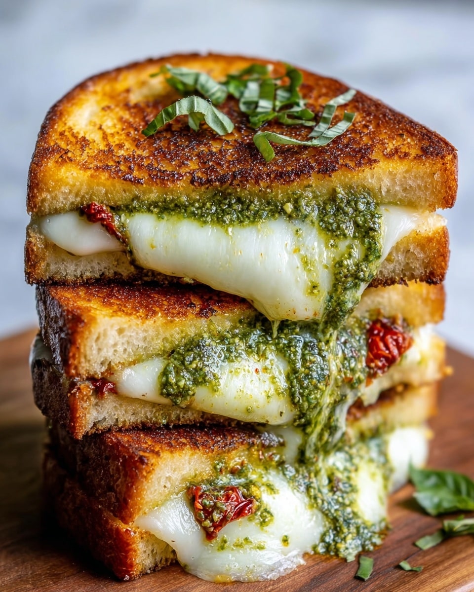 The image shows a stack of three grilled sandwiches on a wooden surface, each sandwich made of two golden-brown toasted bread slices. Between each slice, there is a thick layer of melted white cheese, with vibrant green pesto sauce spread generously inside and dripping out along the sides. Small bits of sun-dried red tomatoes peek through the pesto and cheese layers. The top sandwich is garnished with fresh green basil leaves. The background is a white marbled texture. Photo taken with an iphone --ar 4:5 --v 7