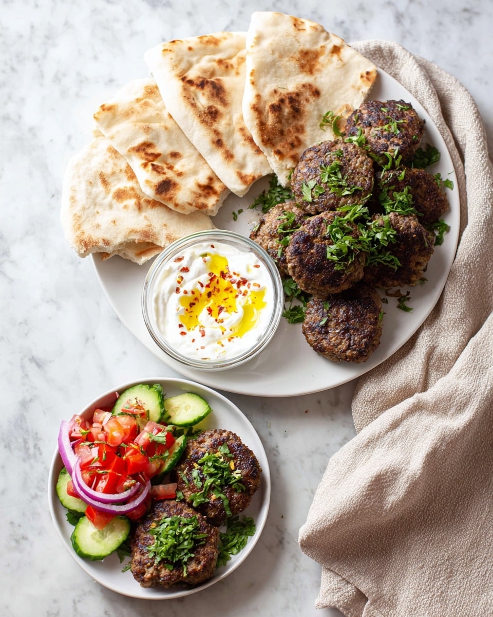 A large white plate shows three sections: on the left, five pieces of pita bread are stacked in a fan shape with a soft beige color and light dark spots; on the right, a pile of round, browned meat patties is topped with chopped green herbs; in front, two small clear bowls sit side by side, one filled with white yogurt sauce garnished with yellow oil and red spices, the other with a fresh salad of bright red tomato chunks, green cucumber slices, thin purple onion strips, and green herb sprinkles. Below this large plate is a smaller white plate with two meat patties topped with green herbs, a small portion of the same cucumber, tomato, and onion salad, and two pieces of pita bread arranged similarly to the larger plate, all placed on a white marbled surface with a light beige cloth nearby. Photo taken with an iphone --ar 4:5 --v 7