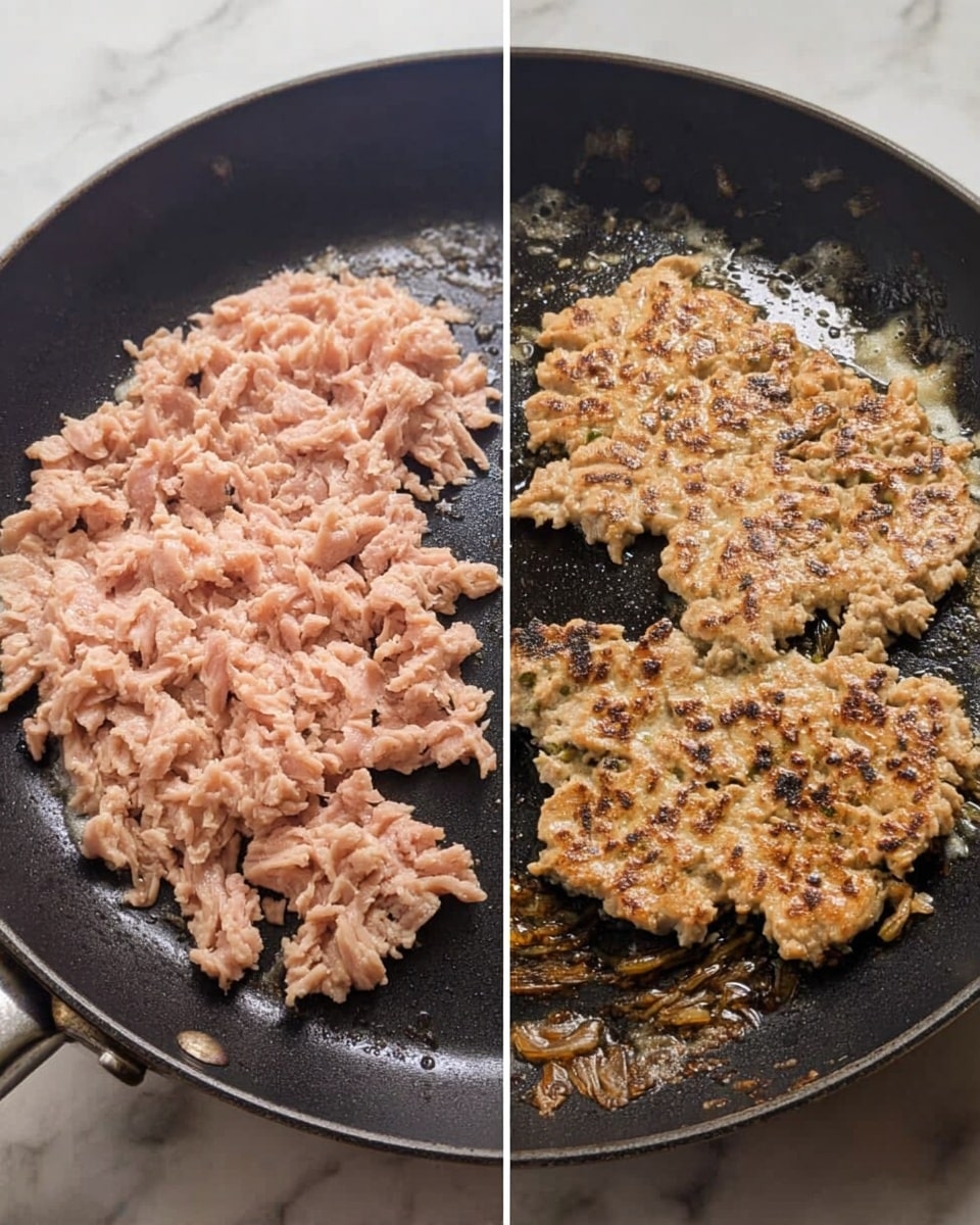 The image shows two side-by-side photos of ground chicken cooking in a black frying pan. On the left side, the raw ground chicken is spread thinly over the pan with a pinkish color and soft texture. On the right side, the chicken has turned light golden brown with small dark brown spots, showing a cooked and slightly crispy look, while still retaining some uneven shapes. The frying pan has some oil and browned bits visible around the chicken. The background is a white marbled texture. Photo taken with an iphone --ar 4:5 --v 7
