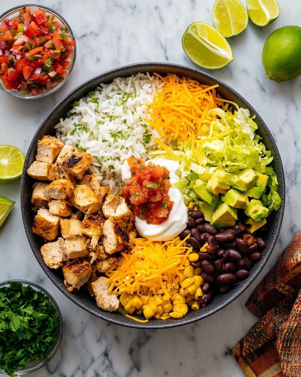 A bowl with six layers arranged side by side: white cilantro rice at the bottom left with thin green herb pieces, next to grilled chicken pieces that are light brown with some char marks on top, shredded orange cheddar cheese below the rice, bright yellow corn kernels and dark red beans in the bottom right, diced green avocado above the beans, and shredded green lettuce at the top right. In the center, there is a dollop of white sour cream topped with a small amount of red salsa with visible chunks of tomatoes and peppers. The bowl is dark and placed on a white marbled surface with lime wedges and small bowls of salsa and cilantro around it. Photo taken with an iphone --ar 4:5 --v 7