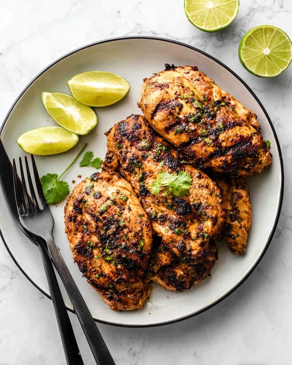 A white plate with a black rim holds four grilled chicken pieces stacked closely together, each piece showing a golden-brown color with dark grill marks and herb bits scattered on the surface. On the left side of the plate, there are four lime wedges arranged in a small cluster. A small sprig of green cilantro rests on the chicken, adding a fresh pop of color. A black fork and knife are placed to the left of the plate, which sits on a white marbled surface. Two lime quarters are positioned at the top right corner outside the plate. Photo taken with an iphone --ar 4:5 --v 7