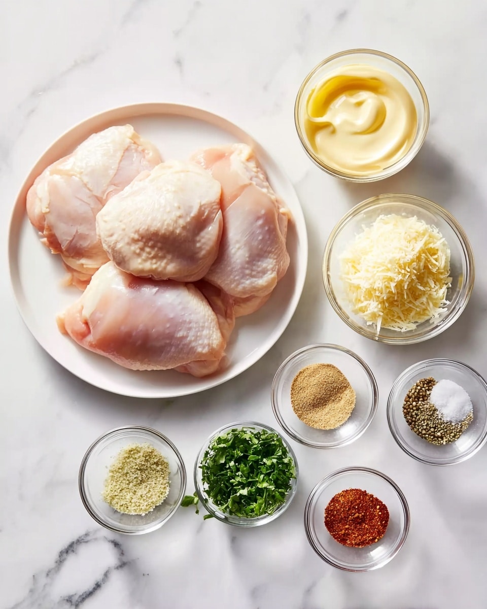 The image shows three raw chicken pieces placed closely together on a round white plate at the left side of the frame. Surrounding the plate, there are eight small clear glass bowls arranged around it on a white marbled surface: one bowl with creamy yellow mayonnaise sits at the top right, one bowl filled with grated parmesan cheese is at the far right, and six smaller bowls with different spices and herbs—coarse pepper, salt, yellow seasoning, green chopped parsley, and two brownish powders—are spread between the chicken and the mayonnaise bowl. The overall arrangement is neat, with the colors soft and natural, highlighting the fresh ingredients. Photo taken with an iphone --ar 4:5 --v 7