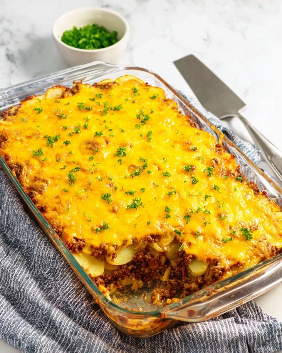 A rectangular clear glass baking dish holds a layered casserole on a white marbled surface. The bottom layer shows thin slices of pale yellow potatoes, partially visible along the edges. Above this is a layer of browned ground meat mixed with small bits of vegetables, slightly chunky and spread evenly. The top layer is melted bright orange cheese, smooth and covering the whole casserole in a thick sheet with some finely chopped green herbs scattered on top as garnish. A silver serving spatula rests beside the dish. In the background, a small white bowl with chopped green herbs sits on a gray and white striped cloth. Photo taken with an iphone --ar 4:5 --v 7