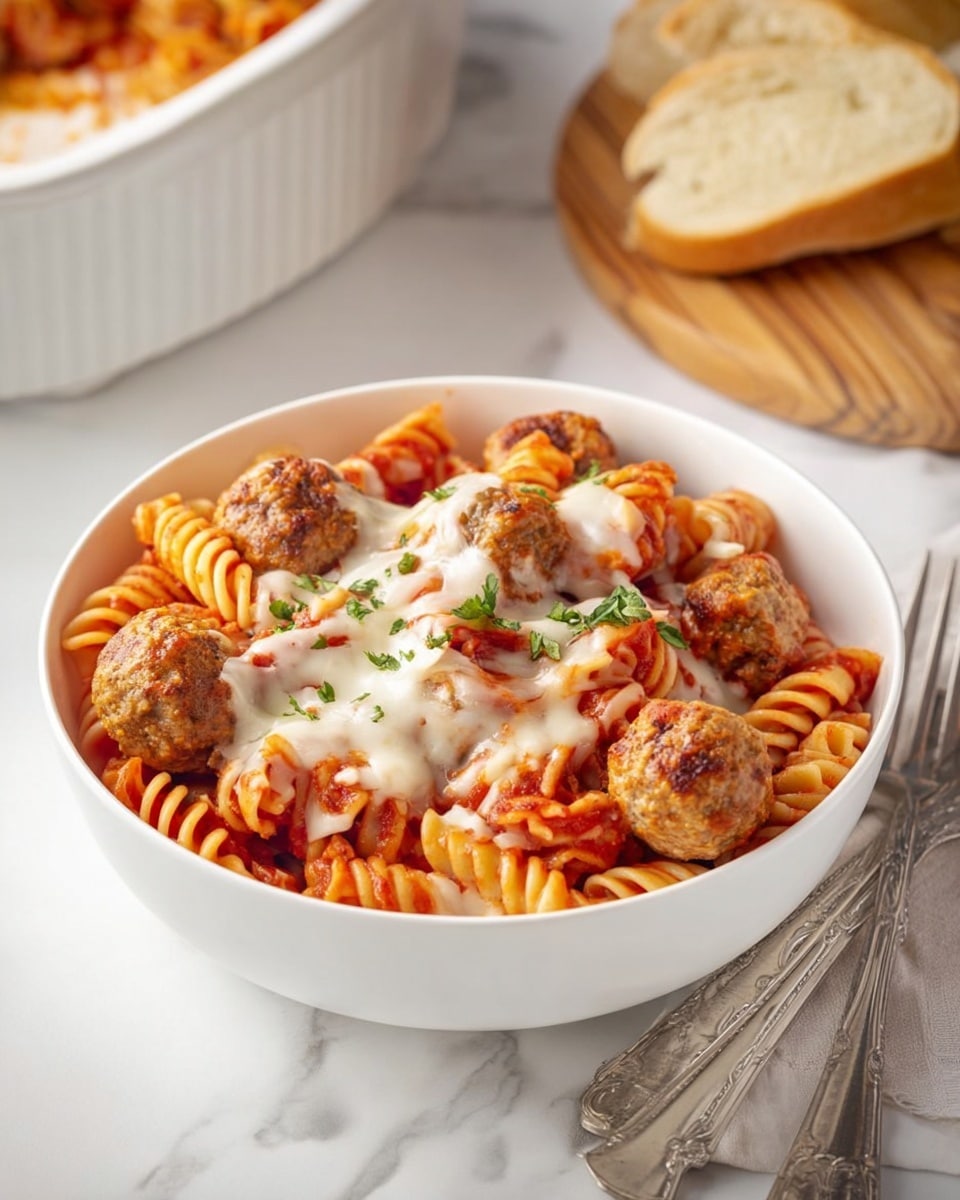 A white bowl filled with three layers: at the bottom are twisted rotini pasta pieces coated in bright red tomato sauce, the middle layer consists of round, golden-brown meatballs scattered evenly, and the top layer is melted white cheese draped over pasta and meatballs with some fresh green herb sprinkles. The bowl sits on a white marbled surface, with a silver fork beside it, a piece of bread on a wooden board in the background, and part of a white casserole dish visible on the top left corner. photo taken with an iphone --ar 4:5 --v 7