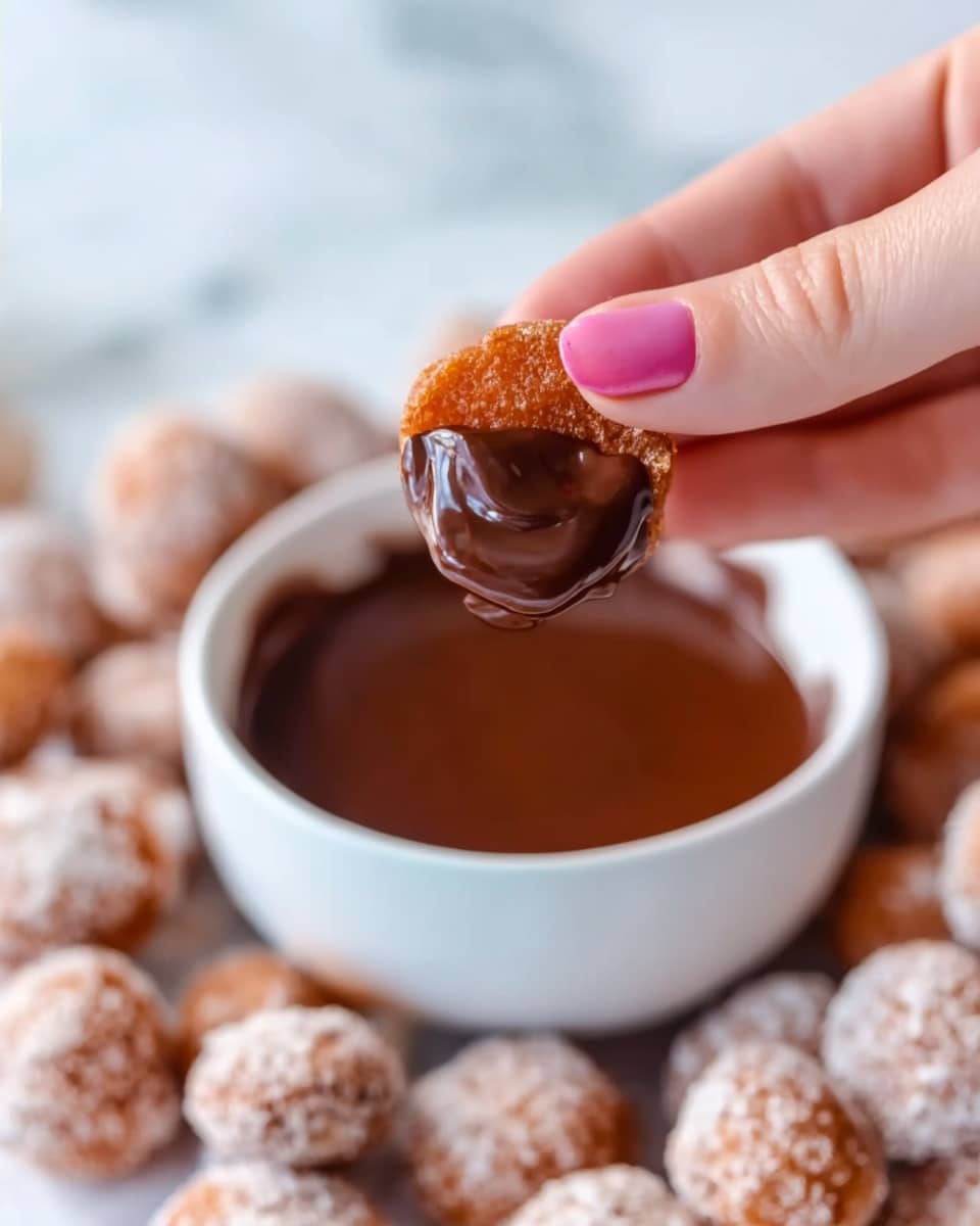 The image shows a close-up of a woman's hand with pink nail polish holding a small round treat. Half of the treat is dipped in a shiny dark chocolate sauce. In the background, there is a white bowl filled with a smooth dark chocolate sauce, surrounded by many small round crispy snacks with a powdery texture, all on a white marbled surface. The focus is on the hand and treat, while the bowl and snacks are softly blurred. photo taken with an iphone --ar 4:5 --v 7