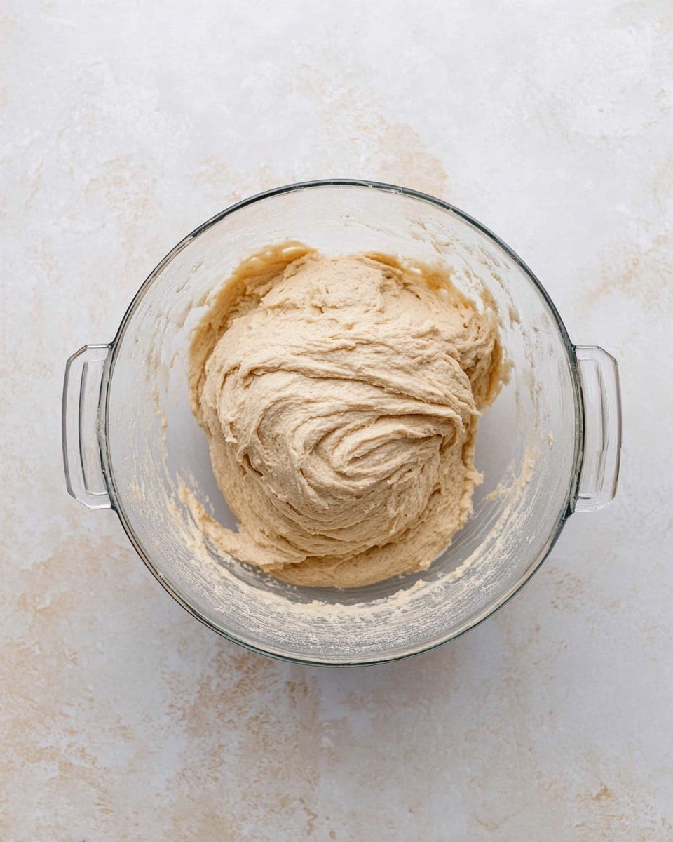 A glass mixing bowl sits on a white marbled surface, holding a single, thick layer of light beige dough with a smooth, slightly sticky texture that is softly folded inward in the center. The dough appears dense and elastic, with gentle ridges and creases showing its fresh, moist consistency. The clear bowl's handles are visible on either side, and the background softly contrasts with its white marbled texture. photo taken with an iphone --ar 4:5 --v 7
