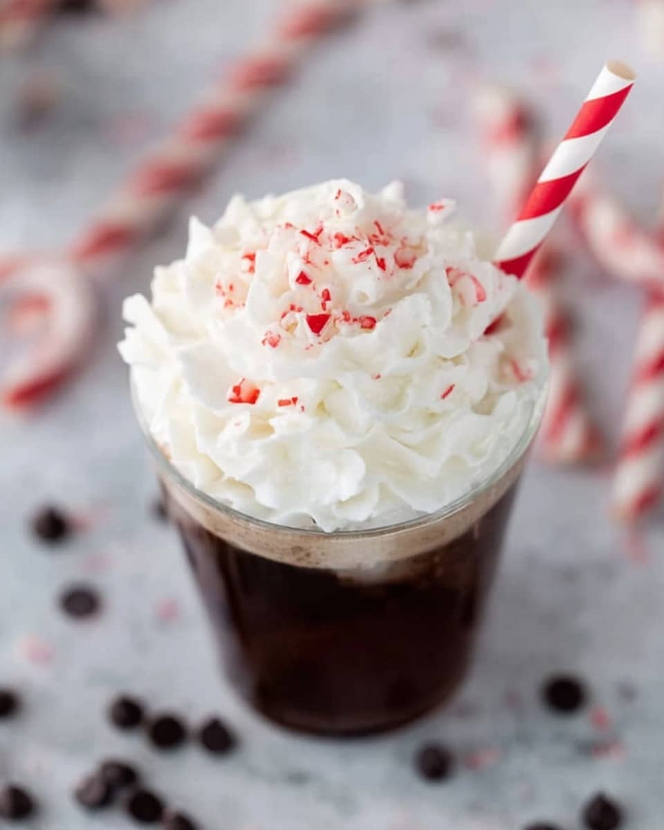 A clear glass filled with a dark brown drink at the bottom layer, topped thickly with a large swirl of white whipped cream that covers the drink fully. Small red and white crushed candy pieces are sprinkled on the whipped cream, adding texture and color contrast. There is a red and white striped straw inserted into the whipped cream, leaning slightly to one side. The background is a white marbled texture with blurred candy canes and scattered dark brown chocolate chips giving a festive look. photo taken with an iphone --ar 4:5 --v 7