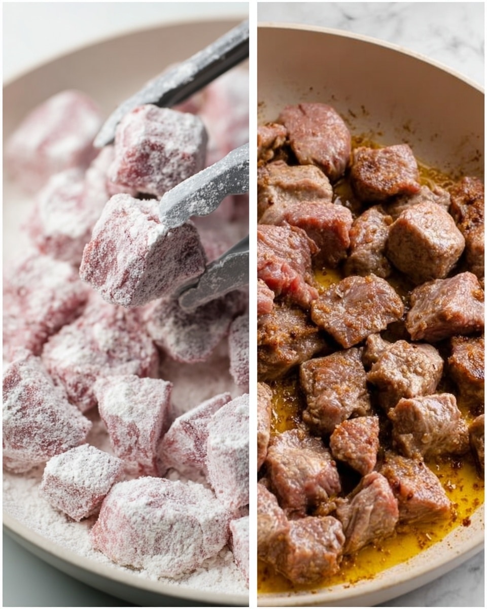 The image shows two side-by-side close-up views of beef preparation. On the left, many small cubes of raw beef coated in white flour sit in a white pan, with metal tongs holding one piece above the others. The cubes are pale pink with a powdery white layer. On the right, the same cubes are browned and cooked in a white pan with golden oil, showing texture on the beef’s surface and some browned spots. The background for both is a white marbled texture. photo taken with an iphone --ar 4:5 --v 7