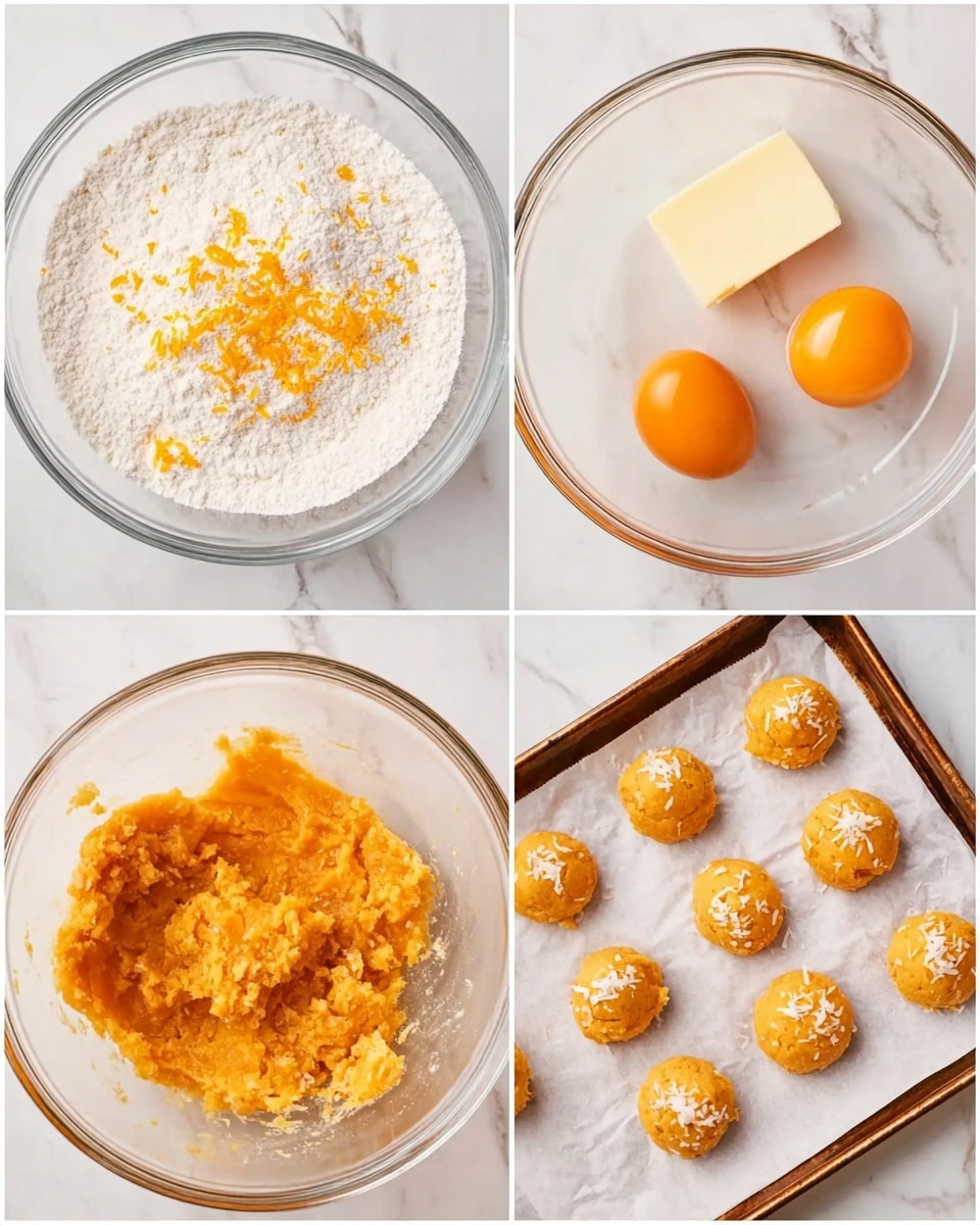 The image is divided into four parts, each showing a step of making cookie dough in a clear glass bowl on a white marbled surface. In the first part, there is a dry mix with white flour and some orange zest scattered on top. The second part shows the same bowl with two raw eggs and a stick of butter resting on the flour mixture. The third part displays the bowl filled with a mixed, moist dough that is bright orange in color and contains white almond flakes scattered throughout. The last part is a baking tray lined with parchment paper holding six round dough balls, each orange with white flakes on top, ready for baking. photo taken with an iphone --ar 4:5 --v 7