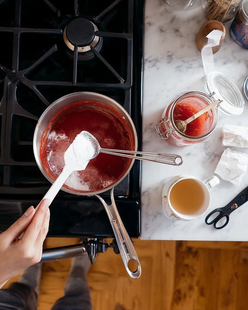 The image shows a small silver pan on a black stovetop with a red sauce inside it. A woman's hand is holding a white spatula with white sugar on it, adding sugar into the red sauce. Two metal thermometers are in the sauce. To the right, on a white marbled countertop, there is a clear glass jar with some red sauce inside, a white cup of tea with a tea infuser, a small white bowl lid, a pair of black scissors, and a white paper wrapper. The edge of a wooden floor is visible at the bottom. photo taken with an iphone --ar 4:5 --v 7