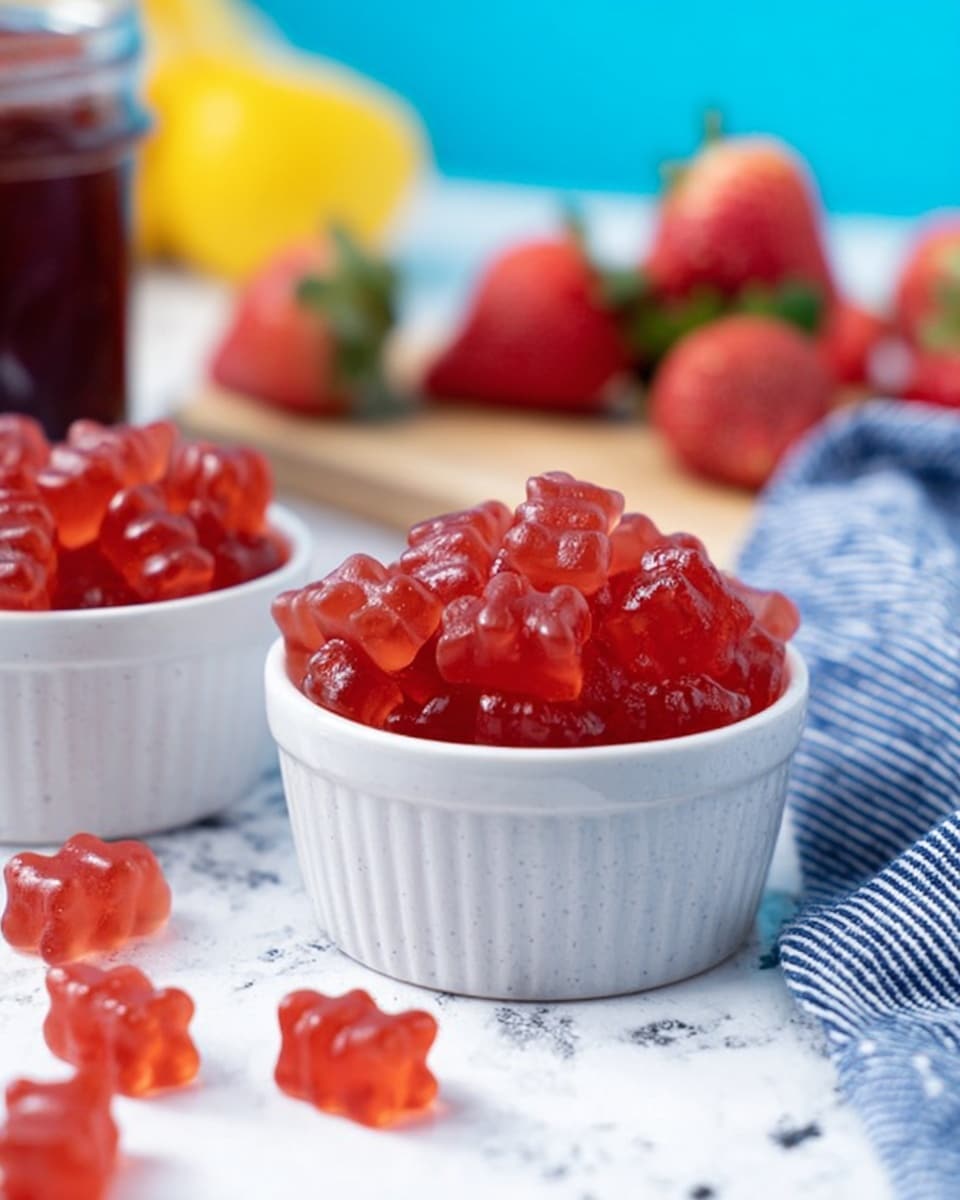 The image shows two small white textured bowls filled with small, red, jelly-like cubes placed on a white marbled surface. Around the bowls, there are fresh red strawberries scattered, adding a fresh and colorful touch. A blue striped cloth is seen to the right side of the frame, and a jar filled with dark liquid is partly visible on the left. The background is softly blurred, with hints of blue, yellow, and more strawberries out of focus. photo taken with an iphone --ar 4:5 --v 7