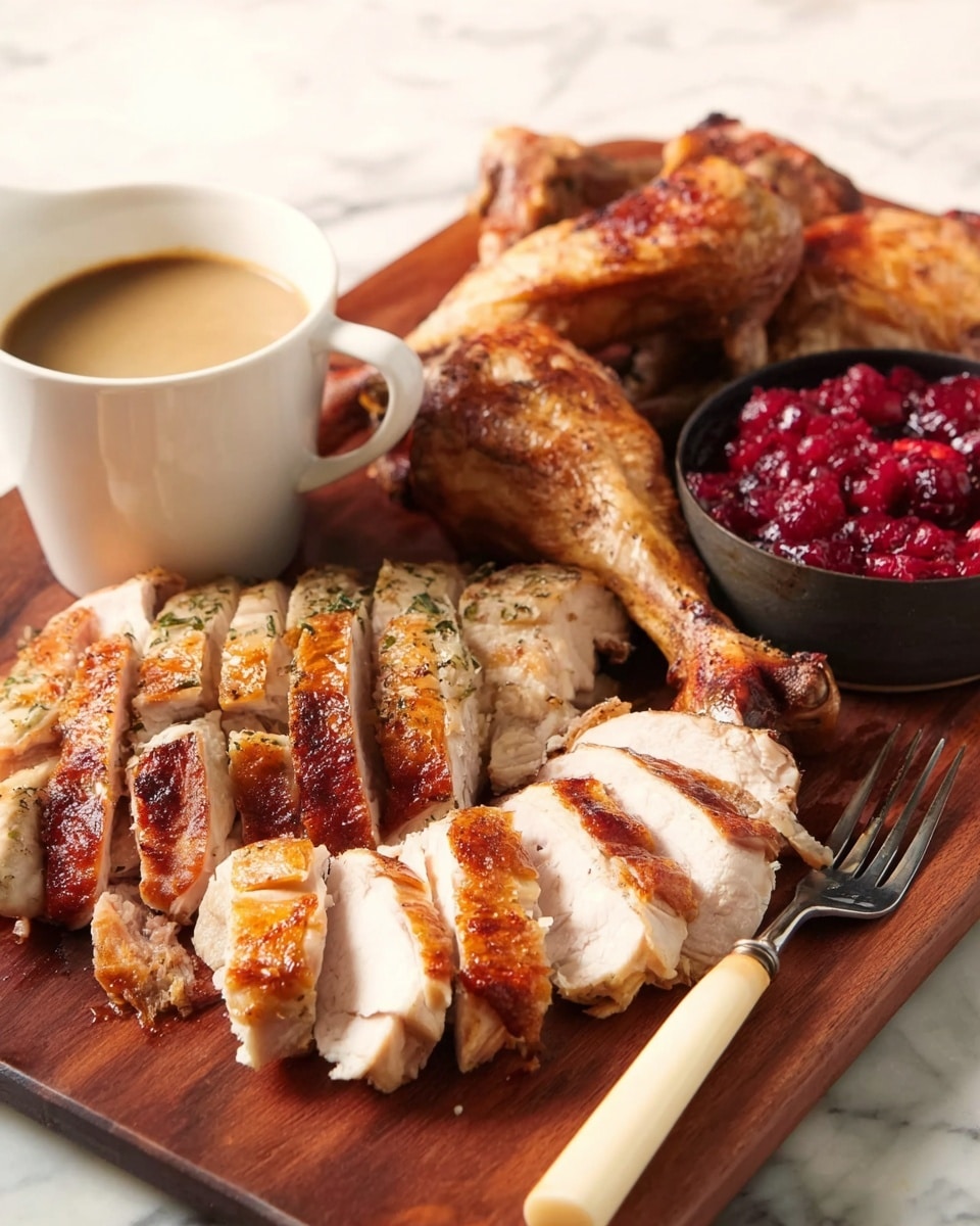The image shows a wooden board holding three main layers: on the right side, there are about eight thick, sliced pieces of roasted chicken with golden-brown crispy skin and white juicy meat inside; behind these slices, whole roasted chicken legs with a similar crispy brown skin are stacked closely together; on the top right corner, a small black pot filled with chunky red cranberry sauce sits next to a white fork with a wooden handle. On the left side of the board, there is a white ceramic cup filled with a light brown creamy sauce. The board rests on a white marbled surface. The photo taken with an iphone --ar 4:5 --v 7