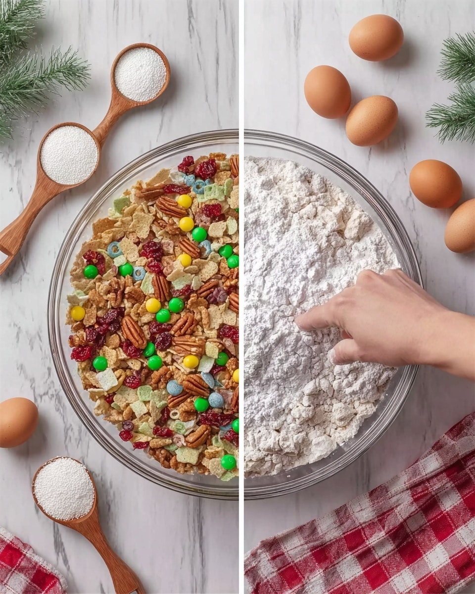The image shows two side-by-side views of a clear glass bowl on a white marbled surface with a wooden spoon and three wooden measuring spoons holding white ingredients nearby. The left side displays a mix of colorful cereal pieces, red dried cherries, pecans, and green candy-coated chocolates layered evenly throughout the bowl. The right side shows a woman's hand mixing the same ingredients coated in a white powdered sugar layer inside the bowl. Nearby eggs and a white and red checkered cloth rest beside the bowl, all set on the white marbled background. Photo taken with an iphone --ar 4:5 --v 7