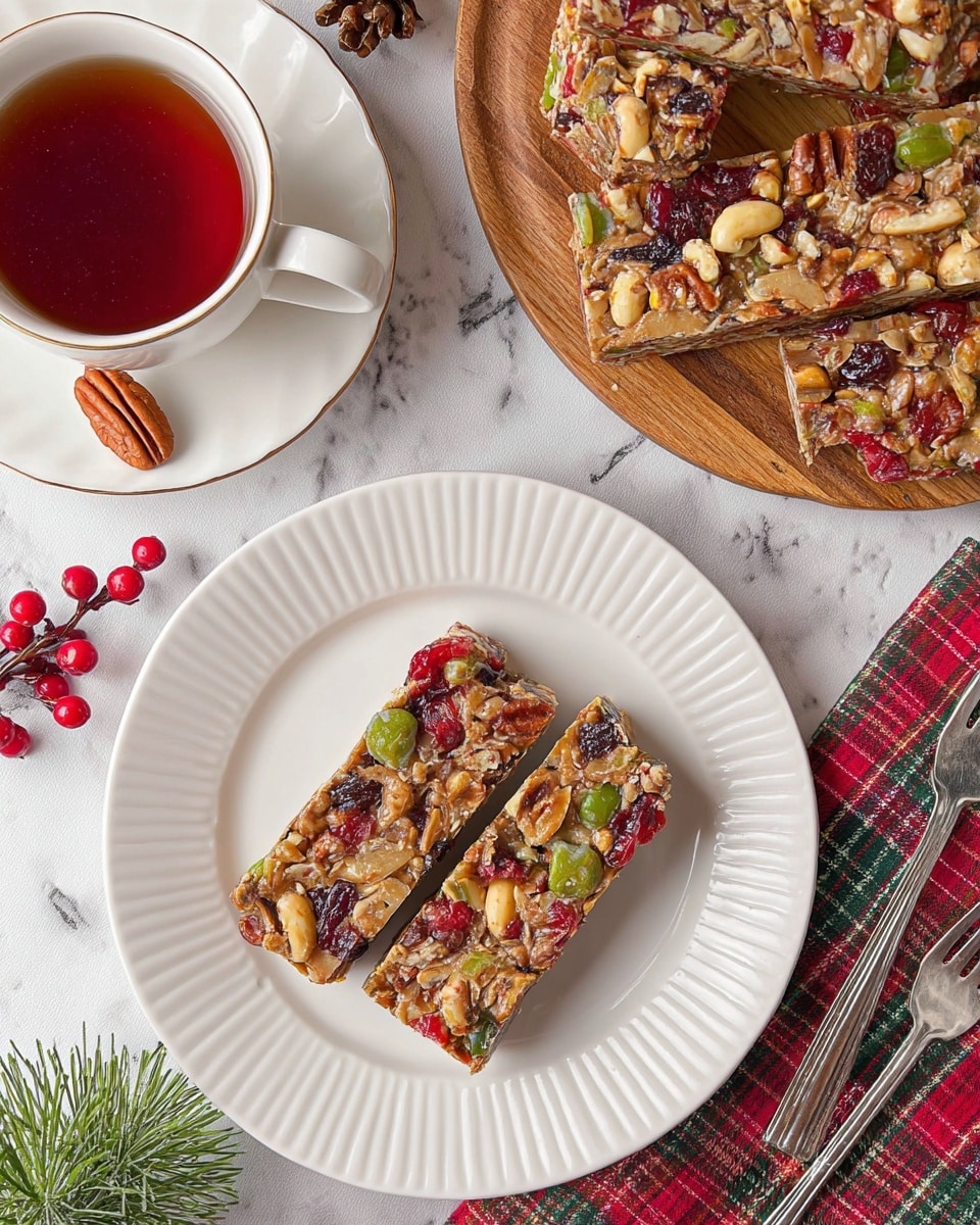Two thick rectangular fruit and nut bars with mixed colors of red, green, brown, and off-white sit side by side in the center of a white ceramic plate with raised ridges along the rim. The bars show a dense texture with visible large chunks of nuts and bright, glossy pieces of cherries and green glazed fruit throughout. Above the plate, a wooden board holds more fruit and nut bars, with a detailed view of the uneven, textured surface made of nuts and fruits. To the left, a white cup and saucer filled with dark amber tea rest on a white marbled surface, with a single pecan and some pine and red berry decor overhead. The lower right corner shows part of a red, green, and white plaid cloth, and two forks are placed near the plate bottom left. photo taken with an iphone --ar 4:5 --v 7