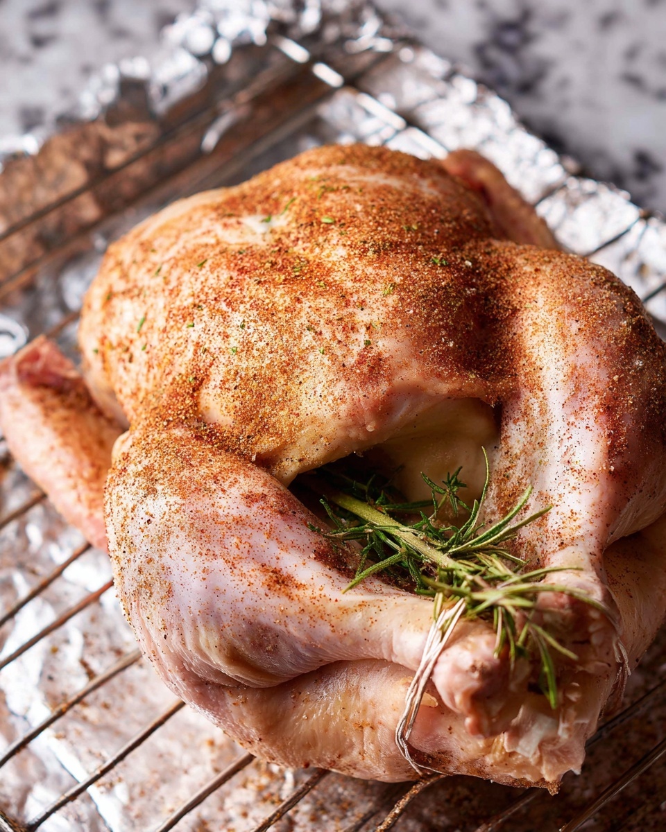 A whole raw chicken is shown tied with string around its legs, resting on a wire rack lined with shiny silver foil. The chicken is lightly sprinkled with a reddish-brown spice blend, covering most of the pale skin. Inside the cavity, green fresh herb sprigs are visible. The surface under the rack is changed to a white marbled texture. photo taken with an iphone --ar 4:5 --v 7