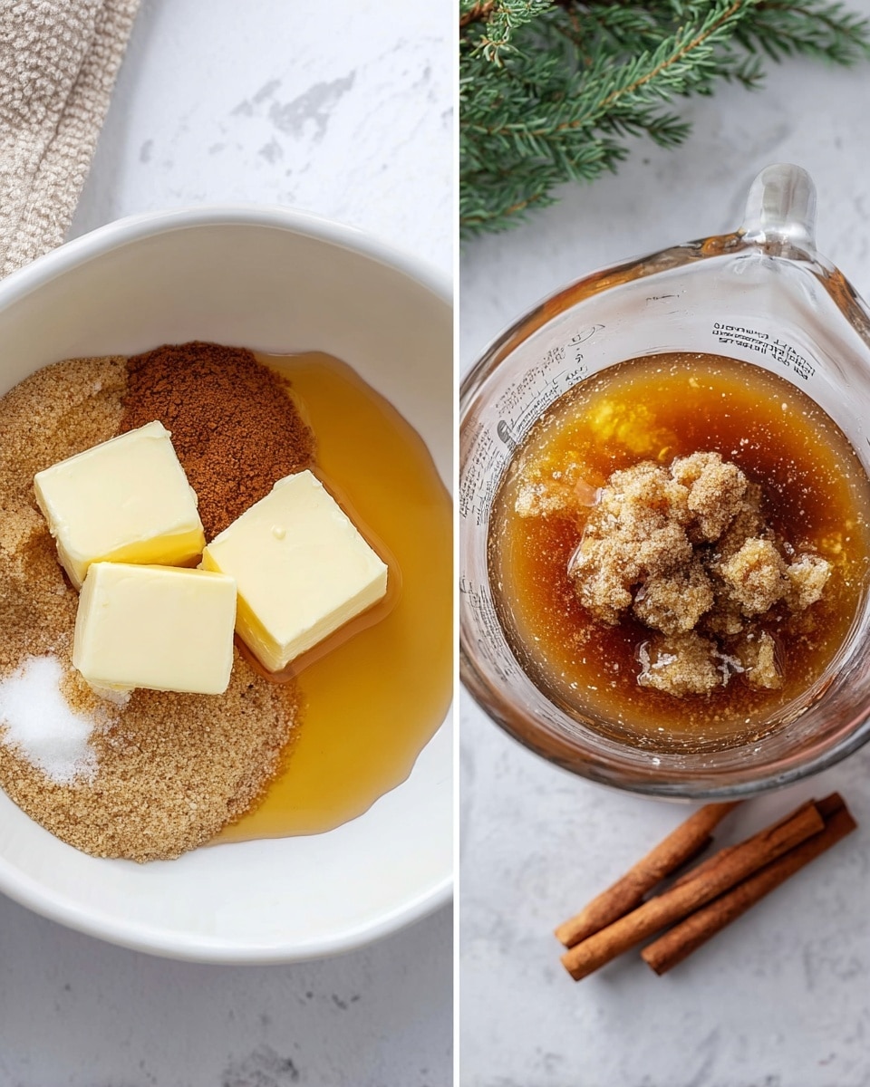 The image shows two side-by-side photos. On the left, there is a white bowl on a white marbled surface, filled with four layers of ingredients: three square pieces of pale yellow butter placed on top of a thick layer of light brown sugar, next to a pool of golden syrup, with a sprinkling of ground cinnamon and another darker powdered spice arranged separately to one side. On the right, there is a glass measuring cup on the white marbled surface containing a melted mix of golden syrup and small clumps of brown sugar, with a cinnamon stick lying next to it on the surface along with green sprigs slightly blurred in the background. Photo taken with an iphone --ar 4:5 --v 7