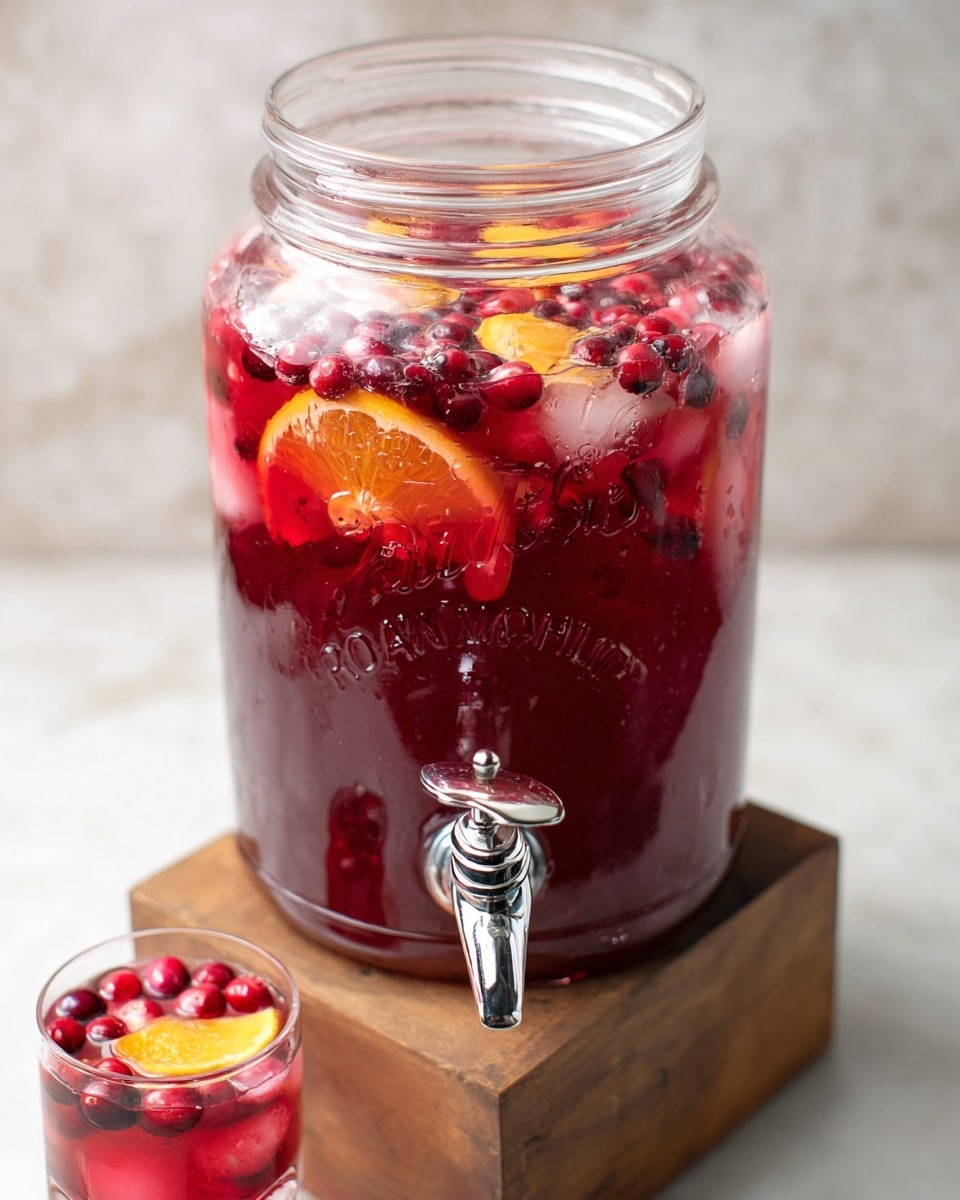 A large clear glass jar filled with a deep red drink, topped with many small red berries and floating orange slices, with visible ice cubes scattered throughout the liquid. The jar has embossed writing on its side and a shiny silver spigot at the bottom. The jar sits on a square wooden block, and a white marbled surface is seen in the background. Near the jar, a small glass is filled with the same red drink, garnished with a few red berries and an orange slice. Photo taken with an iphone --ar 4:5 --v 7