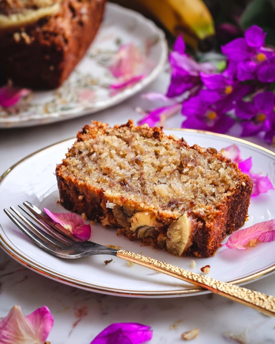A single slice of moist banana bread with a golden brown crust sits on a white plate with a thin gold trim, showing a soft and crumbly texture with visible bits of banana and nuts inside. The plate is decorated with scattered pink flower petals and a small silver fork with a textured golden handle beside the slice. In the blurred background, there is a whole loaf of banana bread and vibrant purple flowers on a white marbled surface. photo taken with an iphone --ar 4:5 --v 7