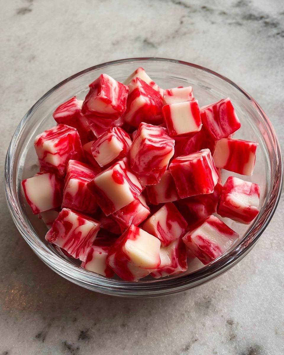 A transparent glass bowl filled with small, cube-shaped candies that have a swirl pattern of red and white colors. Each candy piece has a smooth and glossy texture with a mix of bright red and creamy white, evenly distributed in a marbled style. The bowl sits on a white marbled textured surface, adding a subtle contrast to the vivid candy colors. The arrangement shows a generous amount of candies piled up inside the bowl, with some pieces showing a rounded edge and others more angular. photo taken with an iphone --ar 4:5 --v 7