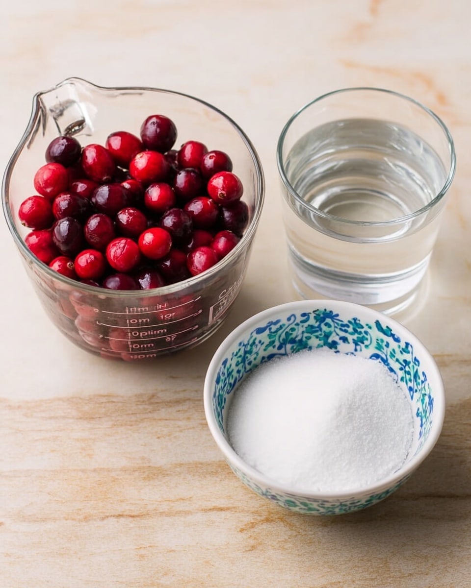 The image shows three containers with ingredients on a white marbled surface. On the left, there is a clear glass measuring cup filled with dark red cranberries. To the right of it, there is a clear glass cup with a small amount of clear liquid inside. Further to the right, there is a white bowl with blue and green patterns on the outside, filled with white sugar. Photo taken with an iphone --ar 4:5 --v 7