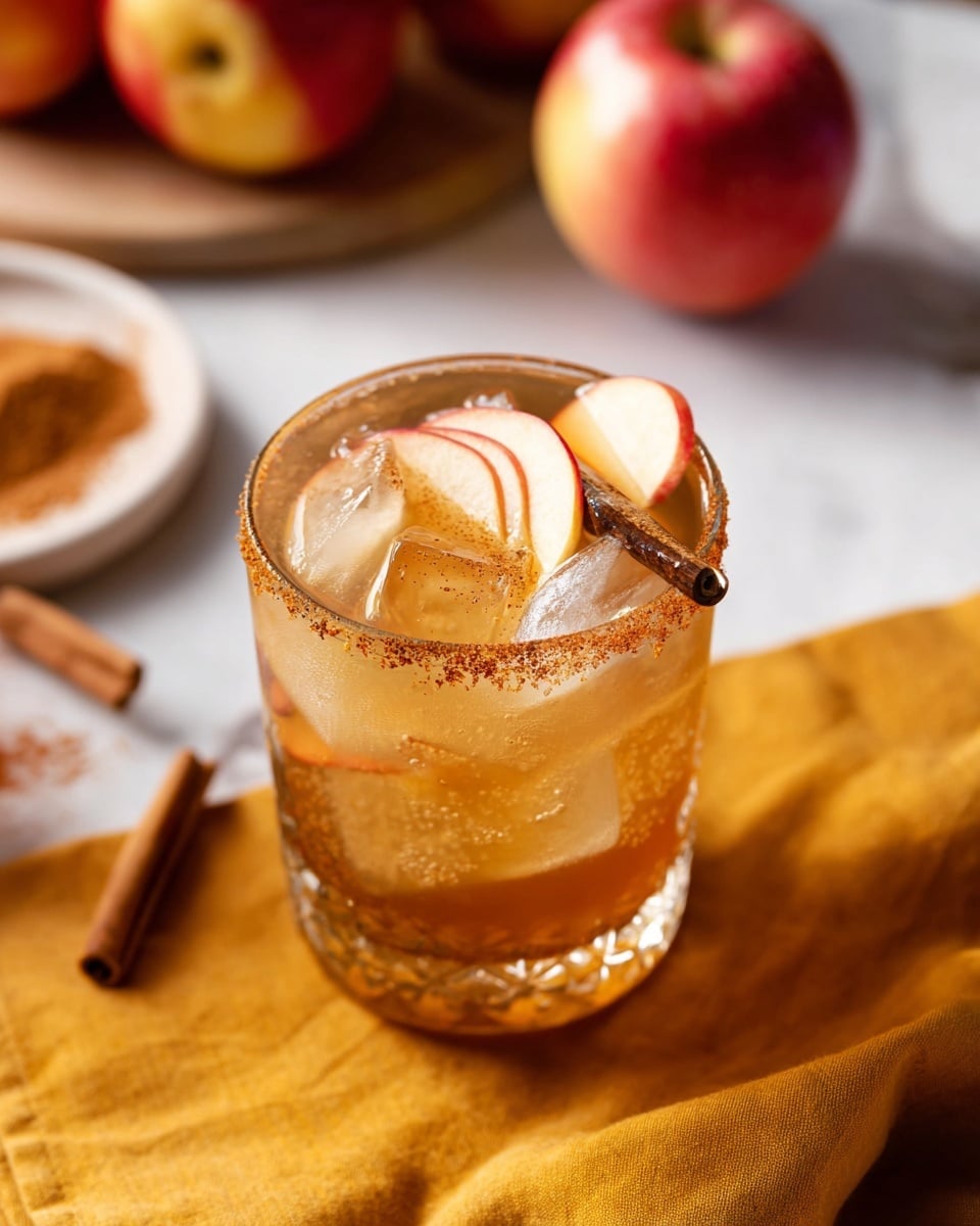 A clear glass filled with a light amber drink contains several ice cubes and thin apple slices floating on top. A cinnamon stick is placed inside the glass, and the rim is coated with a brown sugar mixture. The glass sits on a white marbled surface next to a bright mustard-yellow cloth, with apples and a white plate with cinnamon powder blurred in the background. Photo taken with an iphone --ar 4:5 --v 7