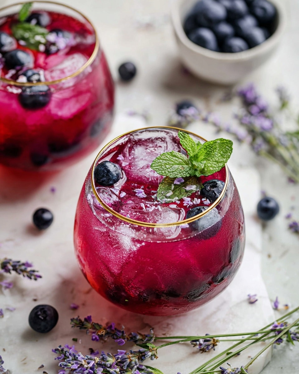 The image shows round clear glasses filled with bright red-purple drink, with large ice cubes floating on top. Inside the drink, there are dark blue blueberries visible, some floating near the surface. A few green fresh mint leaves rest on top as garnish, along with small purple lavender petals. The glasses have a thin gold rim around the top. Around the glasses, you see scattered blueberries and mint leaves on a white marbled surface, along with sprigs of purple lavender flowers. In the background, there is a small white bowl holding extra blueberries. Photo taken with an iphone --ar 4:5 --v 7
