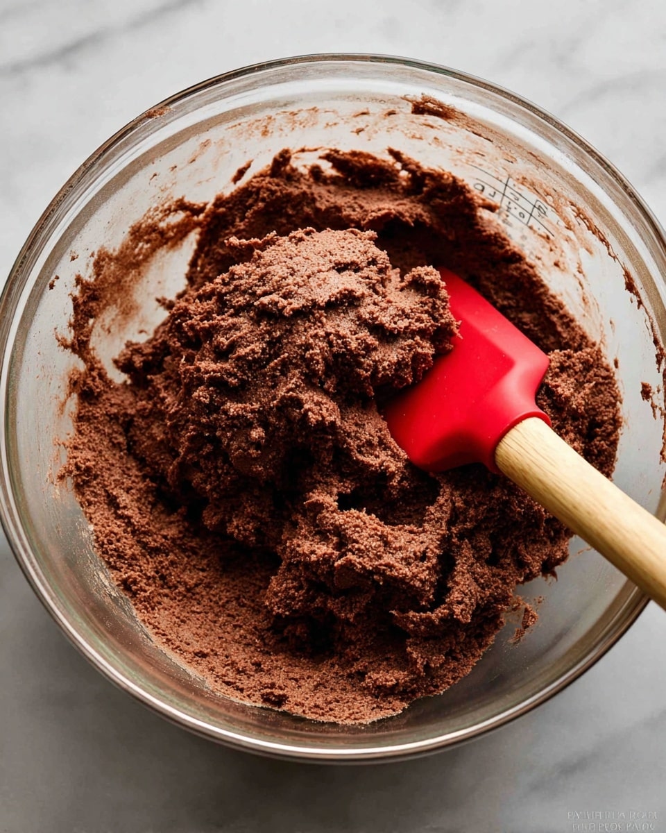 A glass mixing bowl holds a thick, rich dark brown dough with a slightly grainy texture, unevenly gathered in the center. A red silicone spatula with a light wooden handle is partially buried in the dough, angled towards the upper right corner. The bowl sits on a white marbled surface, and faint markings are visible on the inside of the bowl. photo taken with an iphone --ar 4:5 --v 7