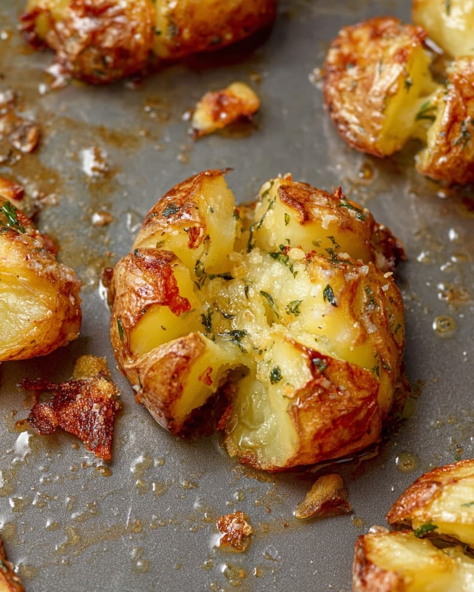 The dish shows several smashed roasted potatoes arranged on a white plate, each piece golden brown and crispy around the edges with softer, light yellow centers. The potatoes are sprinkled with small green herb leaves and finely grated cheese that melts slightly into the potato surface. Some herbs and cheese bits are scattered on top, adding texture and color contrast to the warm, crispy potatoes. The plate rests on a white marbled surface, with a small green herb garnish visible at the edge of the photo. photo taken with an iphone --ar 4:5 --v 7