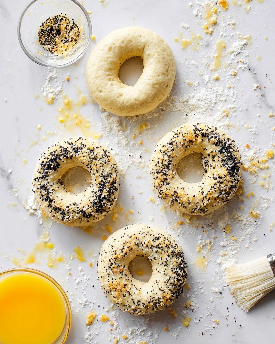 The image shows four round bagels on a white marbled surface, two of them plain with a smooth pale dough texture, and two covered with a mix of black and white sesame seeds, onion flakes, and salt, giving a speckled look. The bagels are scattered with flour and light yellow oil drops around. In the top left corner, there is a small glass bowl with more seed mix, and in the bottom left, there is a glass bowl filled with beaten yellow egg yolk. In the bottom right, there is a white pastry brush partly visible. The scene is bright and clean, with a soft and fresh feel. photo taken with an iphone --ar 4:5 --v 7