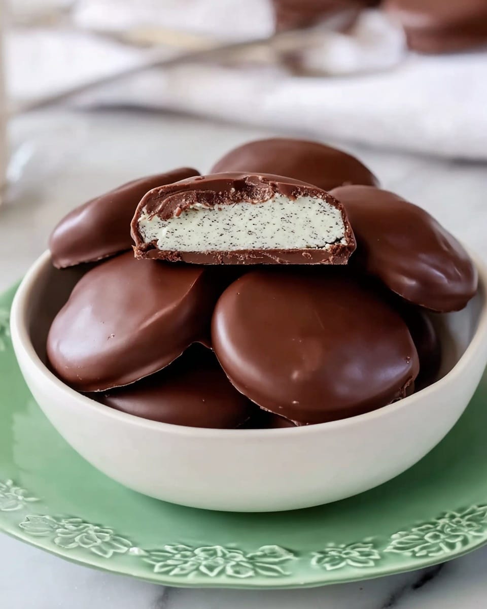 A white bowl filled with several round chocolate-covered mint patties stacked inside. The patties have a smooth, shiny milk chocolate coating with one patty on top showing a clean cross-section revealing a thick, white creamy mint center with small dark specks, giving a textured look inside. The bowl sits on a white marbled surface and is placed inside a green plate with a raised, detailed floral rim. The photo is bright and softly focused in the background, making the chocolate patties the main focus. Photo taken with an iphone --ar 4:5 --v 7