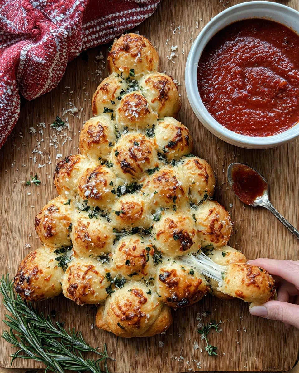 A Christmas tree shaped pull-apart bread made of small, golden brown dough balls topped with bits of melted cheese and chopped herbs, arranged in a triangular form with a short trunk of dough balls at the bottom right; a woman's hand dips one dough ball into a white bowl filled with thick red marinara sauce on the top right, next to a spoon with some sauce on it, all set on a wooden board with scattered herbs and a sprig of rosemary at the bottom right, and a red and white checkered cloth draped in the upper left corner, photo taken with an iphone --ar 4:5 --v 7