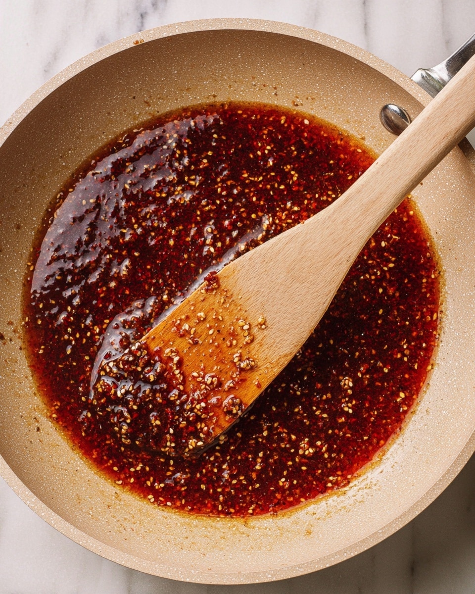 A close-up view of a light beige frying pan containing a glossy, thick red-brown sauce with visible sesame seeds and chili flakes mixed throughout, showing a textured, slightly oily surface. A wooden spatula with some sauce and spices on the edge rests inside the pan, partially covered by the sauce. The pan is set on a white marbled surface, enhancing the warm colors of the sauce. Photo taken with an iphone --ar 4:5 --v 7