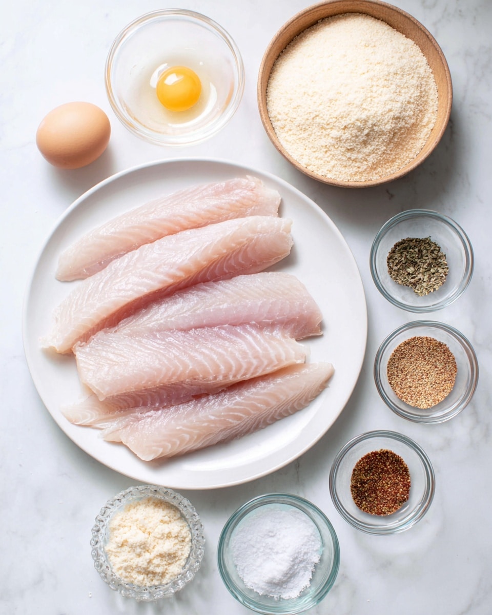 The image shows raw fish fillets placed in a white round plate in the center with six pale pink fillets arranged neatly, showing smooth and slightly shiny texture. Around the plate on a white marbled surface, there are small clear glass bowls holding various ingredients: an egg in one bowl at the top left, finely grated cheese in a wooden bowl directly above the plate, white bread crumbs in a patterned clear bowl at the bottom left, and four small clear bowls containing ground black pepper, mixed spice seasoning, ground ginger, and salt arranged to the right side of the plate. The overall setup is bright and clean with soft natural lighting, photo taken with an iphone --ar 4:5 --v 7
