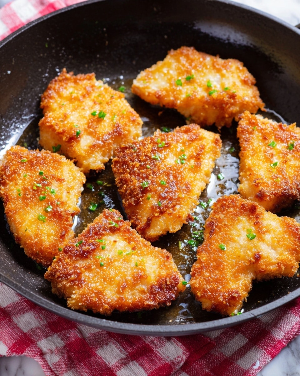 A close-up view of six pieces of golden-brown fried fish arranged in a black skillet, the fish pieces have a crispy, crunchy texture with uneven breading and small green herb bits sprinkled on top. The skillet has a small puddle of oil in the center and is sitting on a red and white checkered cloth over a white marbled surface. Photo taken with an iphone --ar 4:5 --v 7