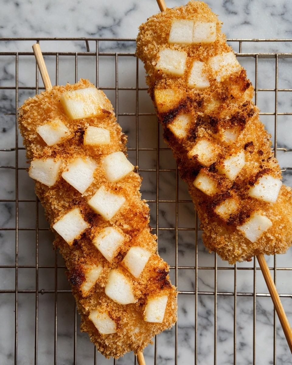 Two skewered fried snacks rest on a wire rack over a white marbled surface. Each snack shows a golden brown crunchy base layer covered with evenly spaced white, cubed pieces that look crispy on the outside. The cubes are slightly browned at the edges, creating a contrast with the rough, crumbly texture of the golden base beneath. The wooden skewers extend out from the bottom, adding a natural wood color to the scene. Photo taken with an iphone --ar 4:5 --v 7