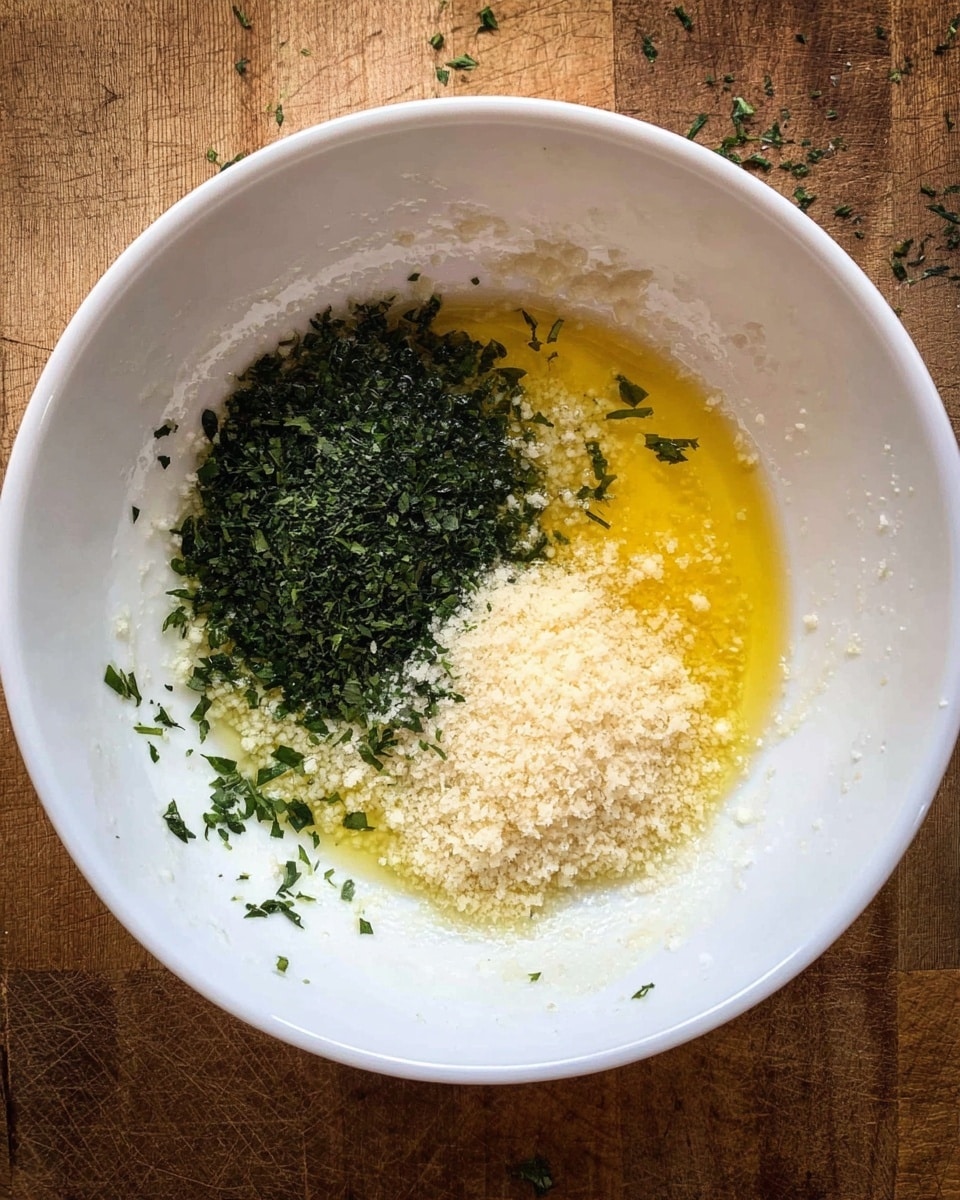 A white bowl contains three main ingredients placed side by side in layers: a pool of golden yellow melted butter at the bottom, a pile of finely chopped dark green herbs on the left, and a small mound of pale beige grated cheese on the right. The mixture rests on a wooden surface with some scattered small herb bits around the bowl's edge. photo taken with an iphone --ar 4:5 --v 7