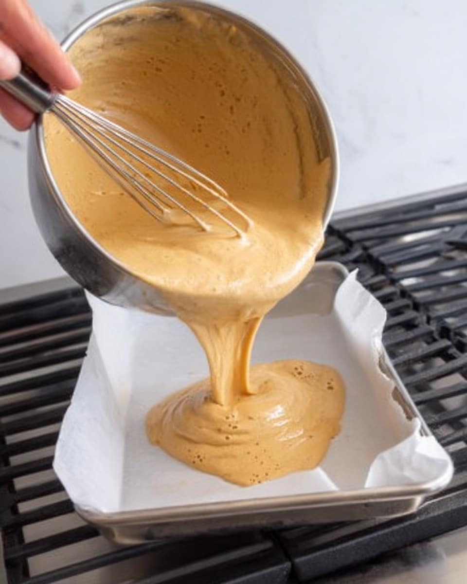 The image shows a large silver bowl held by a woman’s hand, pouring thick, light brown batter onto a white parchment-lined baking tray. The batter is smooth and creamy with small bubbles, flowing gently in a thick stream. The scene is set on a white marbled countertop near a gas stove with metal grates visible. A silver whisk coated in the same batter is partially visible in the bowl. Photo taken with an iphone --ar 4:5 --v 7