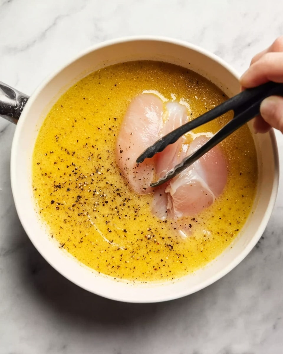 A close-up of a white bowl filled with a thick yellow liquid, likely a batter or sauce, sprinkled with black pepper. In the bowl, a woman's hand holding black tongs is dipping two pieces of pale pink raw chicken. The bowl sits on a white marbled surface. photo taken with an iphone --ar 4:5 --v 7