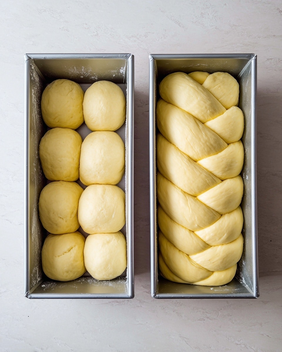 Two silver metal loaf pans are filled with raw bread dough on a white marbled texture surface. The left pan holds eight small dough balls, arranged in two vertical rows of four, each dough ball smooth and light yellow. The right pan contains a braided dough made of six smoothly braided sections, each one plump and light yellow, with a slightly shiny surface. The pans are placed close side by side on the surface. photo taken with an iphone --ar 4:5 --v 7