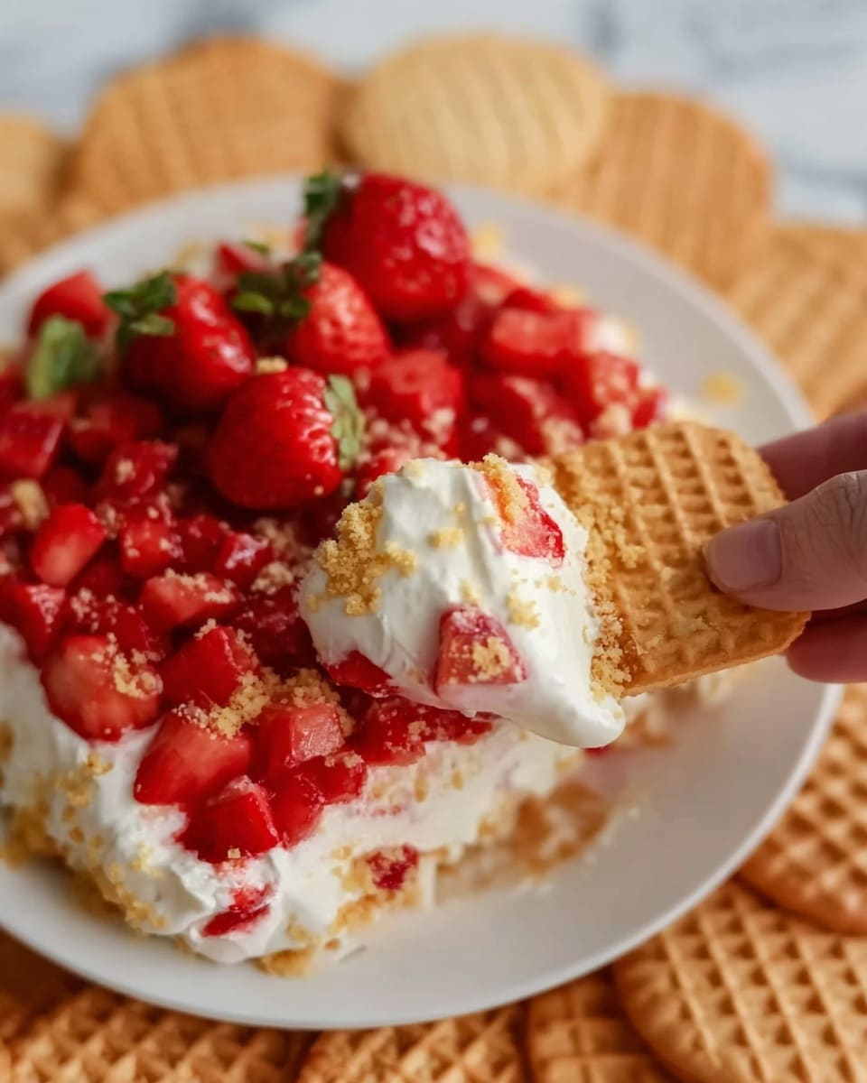 A close-up view of a white plate filled with layers of creamy white marshmallow, topped with bright red diced strawberries and crushed light golden crumbs. A single light brown rectangular cracker is partially dipped in the marshmallow layer, showing some strawberries and marshmallow on its surface. Around the plate edge, a woman's hand holds the cracker. The plate sits on a white marbled surface covered with multiple light brown, patterned waffle cookies. The photo taken with an iphone --ar 4:5 --v 7