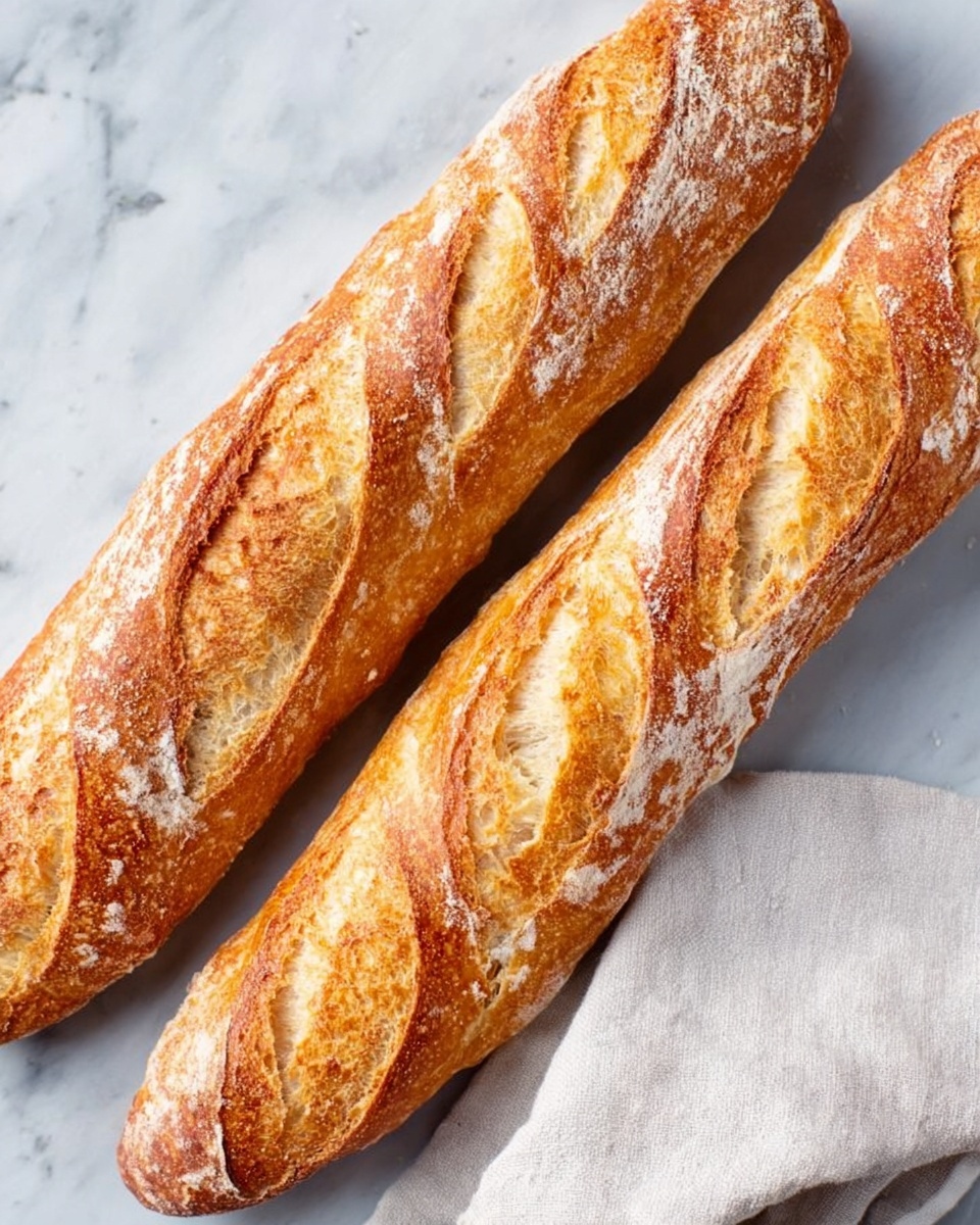 Two golden brown baguettes with a crispy crust and light dusting of flour rest side by side on a white marbled surface. Their crust shows deep diagonal cuts along the length, revealing slightly textured, airy bread underneath. The baguettes have a rustic look with uneven browning, giving them a fresh, homemade feel. A soft white cloth is partially visible near the bottom right corner. Photo taken with an iphone --ar 4:5 --v 7
