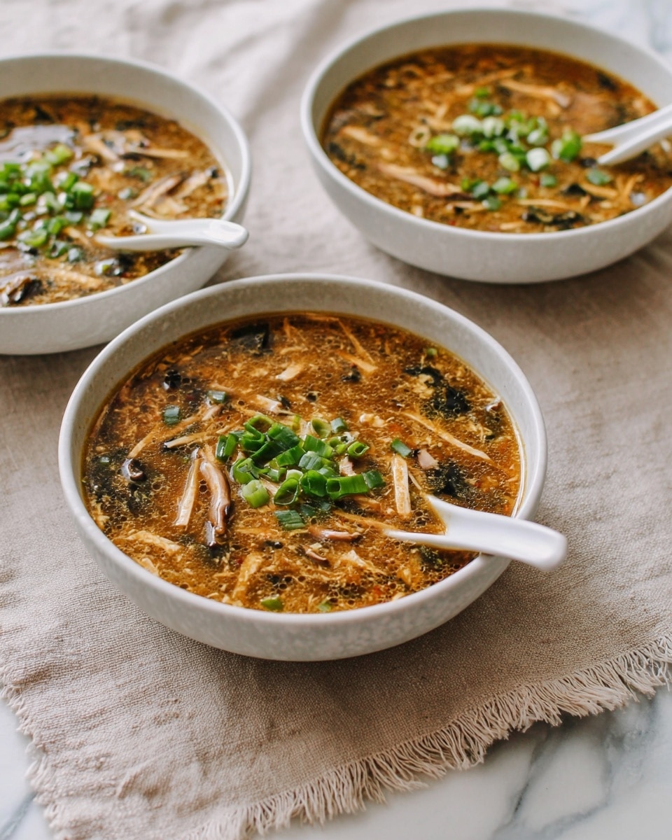 Three white bowls filled with a thick brown soup that has visible thin strips of mushrooms and tofu, mixed with small bits of egg and dark leafy greens throughout. Each bowl has a white ceramic spoon resting inside. The soup is topped with scattered chopped green onions, adding a fresh pop of green color on top. The bowls are placed on a soft beige cloth with frayed edges, all set on a white marbled surface. photo taken with an iphone --ar 4:5 --v 7