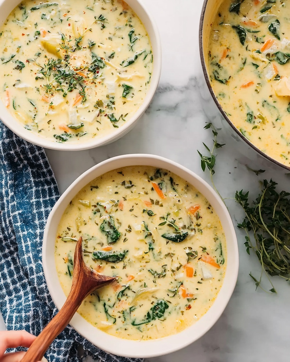The image shows a white pot filled with thick yellow creamy soup that has green spinach leaves and small pieces of light-colored chicken spread evenly throughout. A white spoon with a dark brown handle is lifting a scoop of the soup, showing the texture and ingredients clearly. The pot is placed on a white marbled surface with a blue and white checkered kitchen towel beside it. Photo taken with an iphone --ar 4:5 --v 7