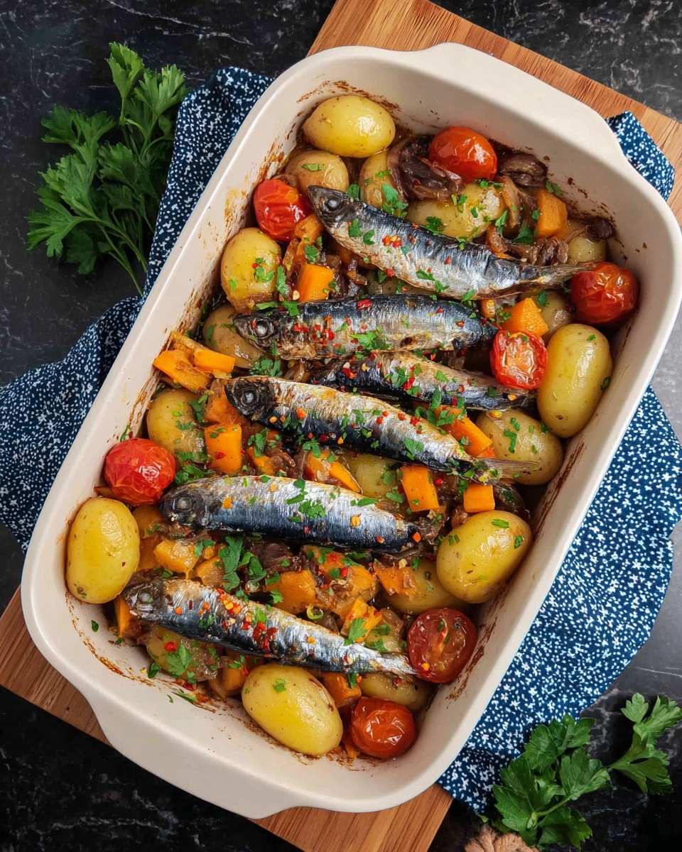 A white baking dish filled with one layer of small round potatoes that are light yellow and golden brown, mixed with soft orange carrot chunks and chopped white onions, scattered with halved cherry tomatoes in bright red. On top of the veggies, there are six whole sardines arranged loosely, showing shiny silver and black skin with some charring. The dish is sprinkled with fresh green parsley leaves and some red chili flakes. The white baking dish sits on a wooden board, placed on a dark surface with a white marbled texture and some fresh parsley leaves around. A blue cloth with white patterns peeks out beneath the dish photo taken with an iphone --ar 4:5 --v 7